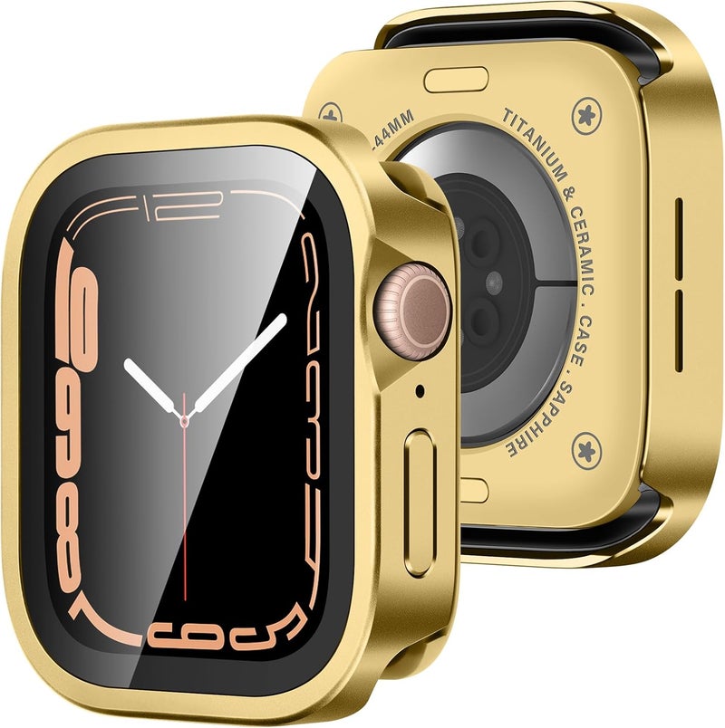 Amizee Metal Case Compatible with Apple Watch SE 3/2/1 Series 6/5/4 44mm Case with Built-in Screen Protector, Straight Edge Ultra Thin with Back Cover Protective Cover for iWatch 44mm, Gold - Image 1